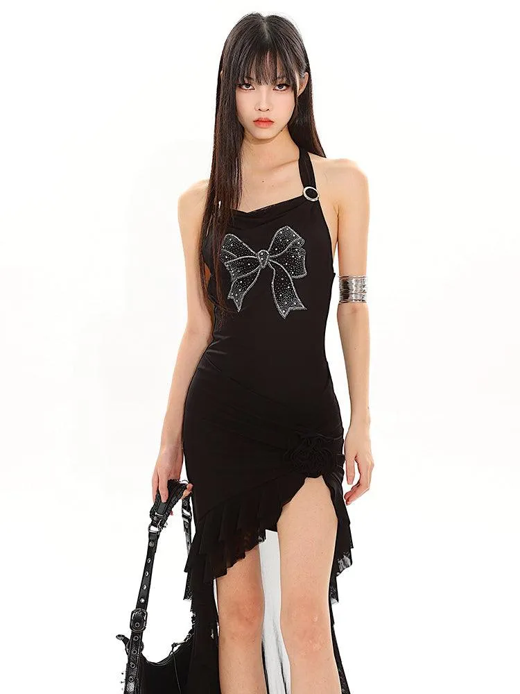 Halter Neck Long Back Frilled Hem Dress