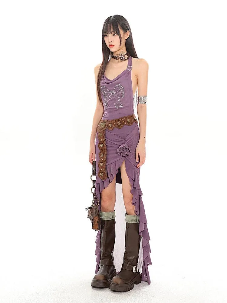 Halter Neck Long Back Frilled Hem Dress