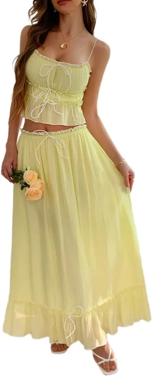 HANMAX Women's Summer Two Piece Outfit Sleeveless Cropped Top Elastic Waisted Maxi Skirt Sets