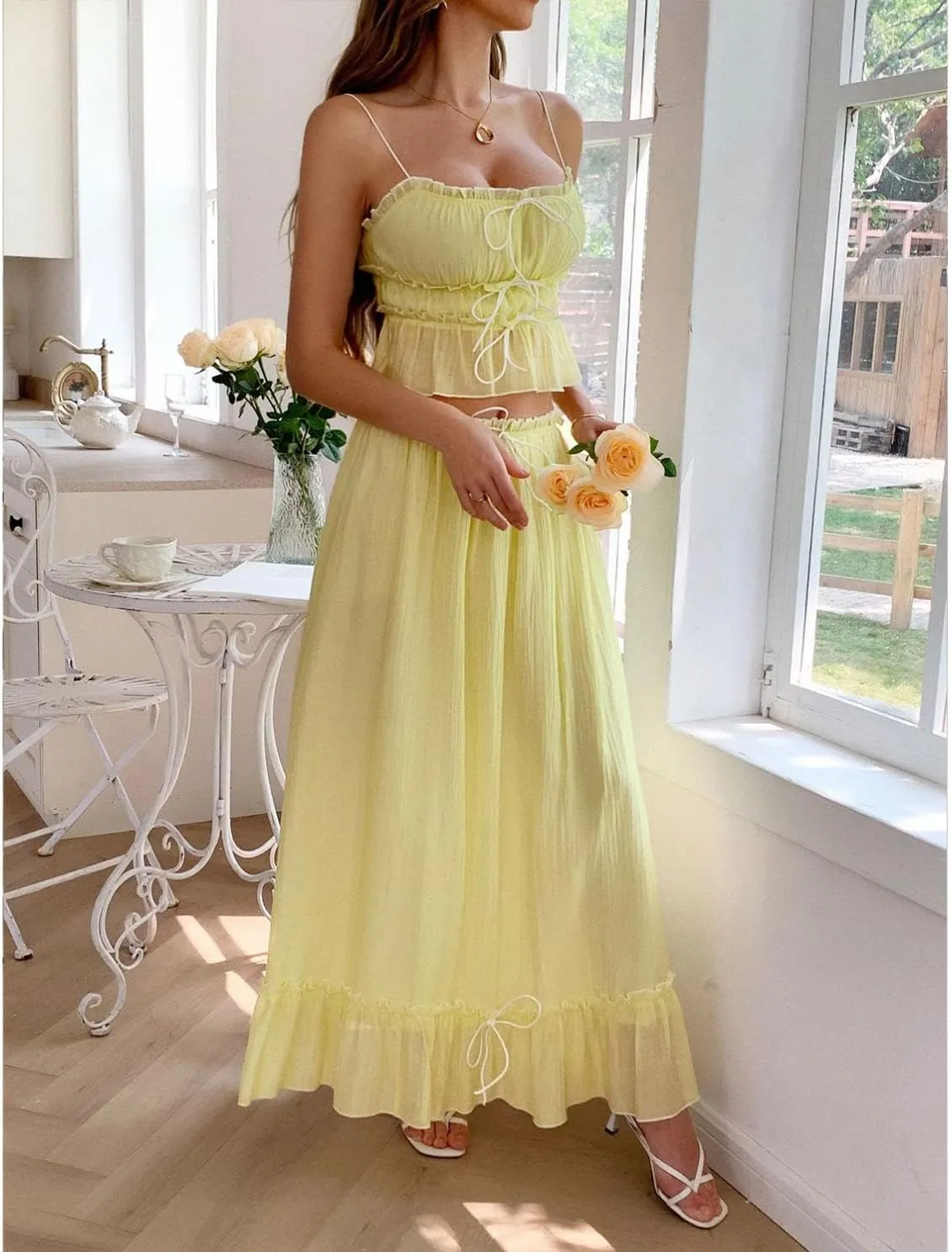HANMAX Women's Summer Two Piece Outfit Sleeveless Cropped Top Elastic Waisted Maxi Skirt Sets