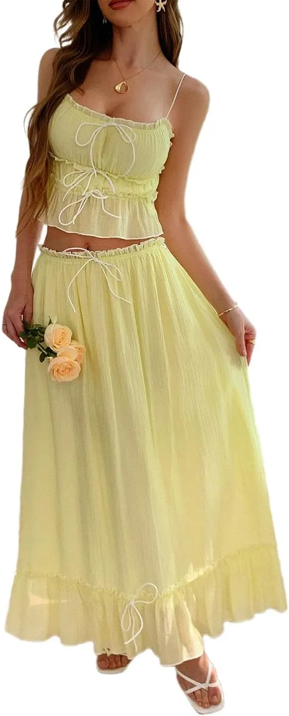 HANMAX Women's Summer Two Piece Outfit Sleeveless Cropped Top Elastic Waisted Maxi Skirt Sets