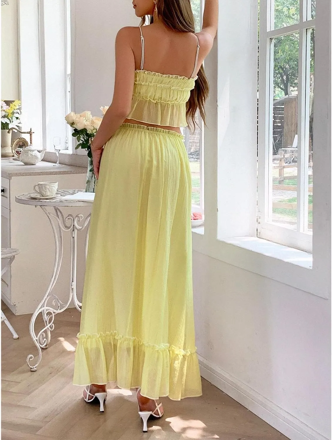 HANMAX Women's Summer Two Piece Outfit Sleeveless Cropped Top Elastic Waisted Maxi Skirt Sets