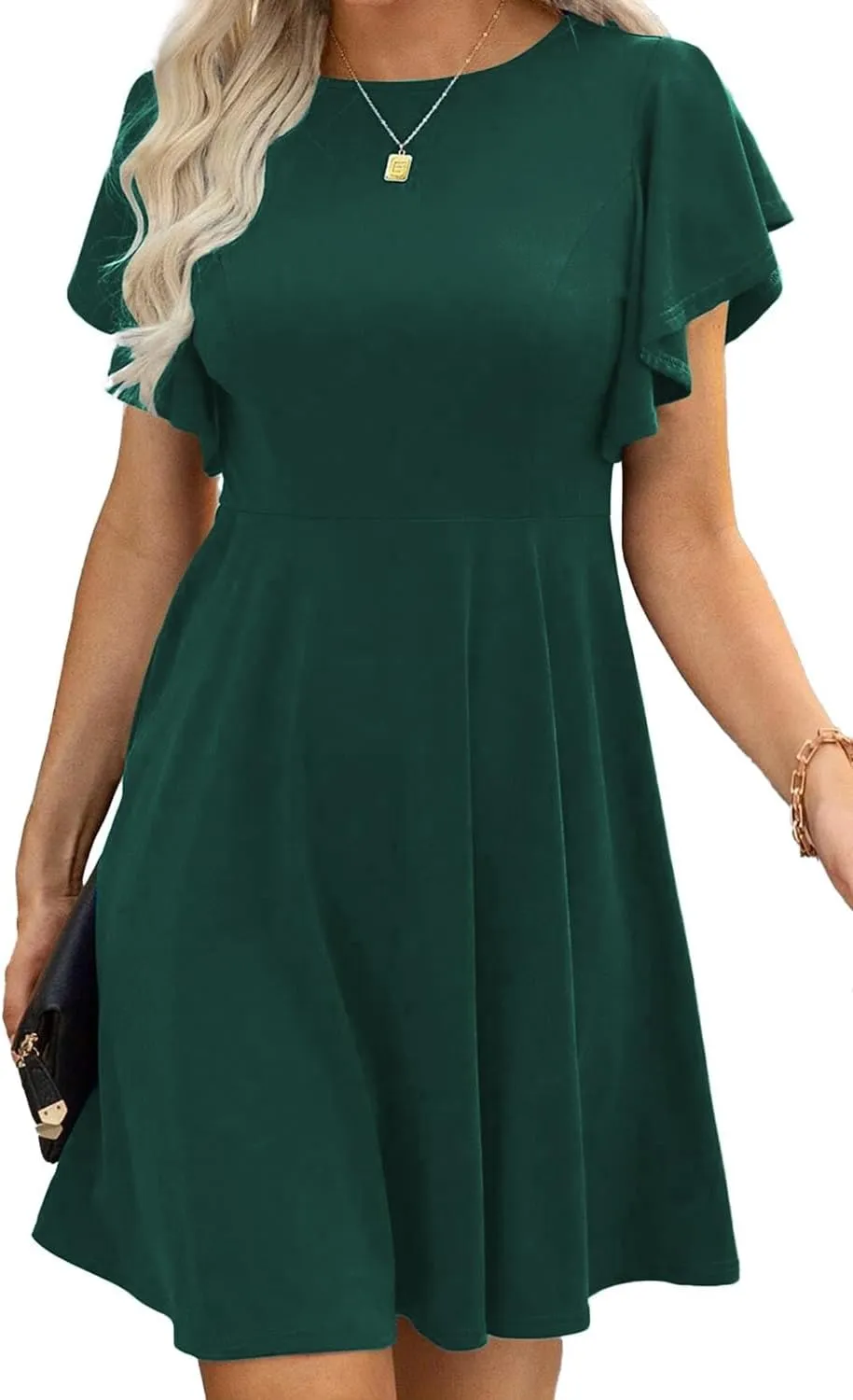Happy Sailed Cocktail Dresses for Women Spring Summer Ruffle Sleeve Crewneck High Waist Flowy A Line Mini Dress