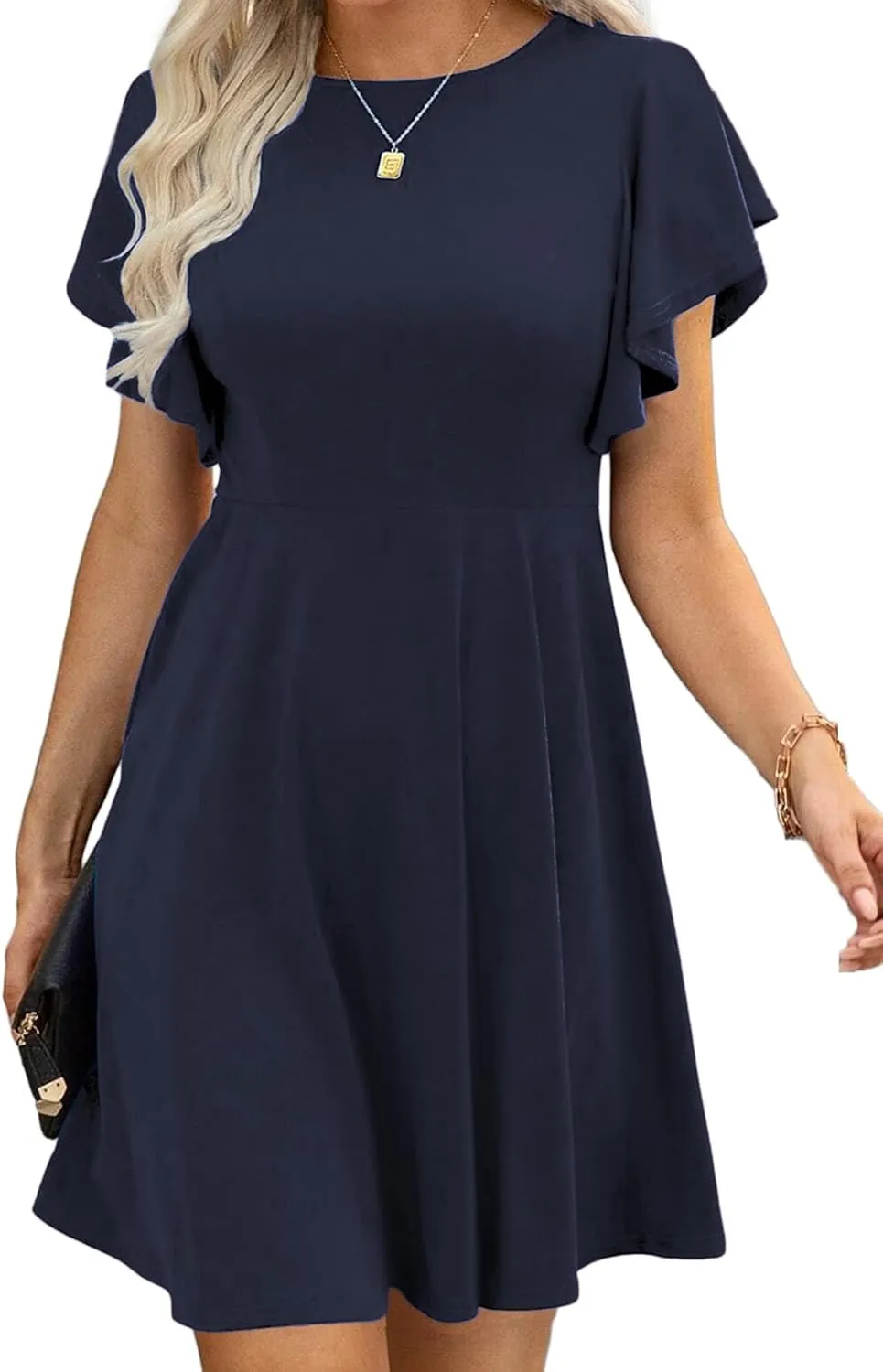 Happy Sailed Cocktail Dresses for Women Spring Summer Ruffle Sleeve Crewneck High Waist Flowy A Line Mini Dress