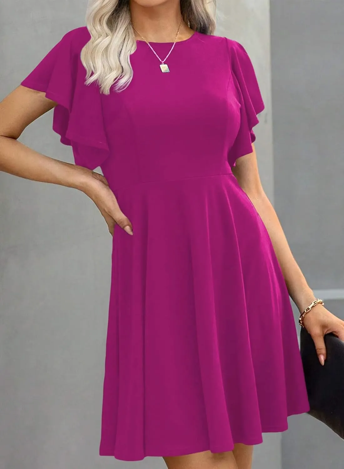 Happy Sailed Cocktail Dresses for Women Spring Summer Ruffle Sleeve Crewneck High Waist Flowy A Line Mini Dress