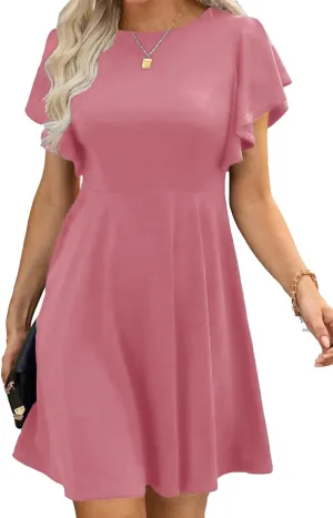 Happy Sailed Cocktail Dresses for Women Spring Summer Ruffle Sleeve Crewneck High Waist Flowy A Line Mini Dress