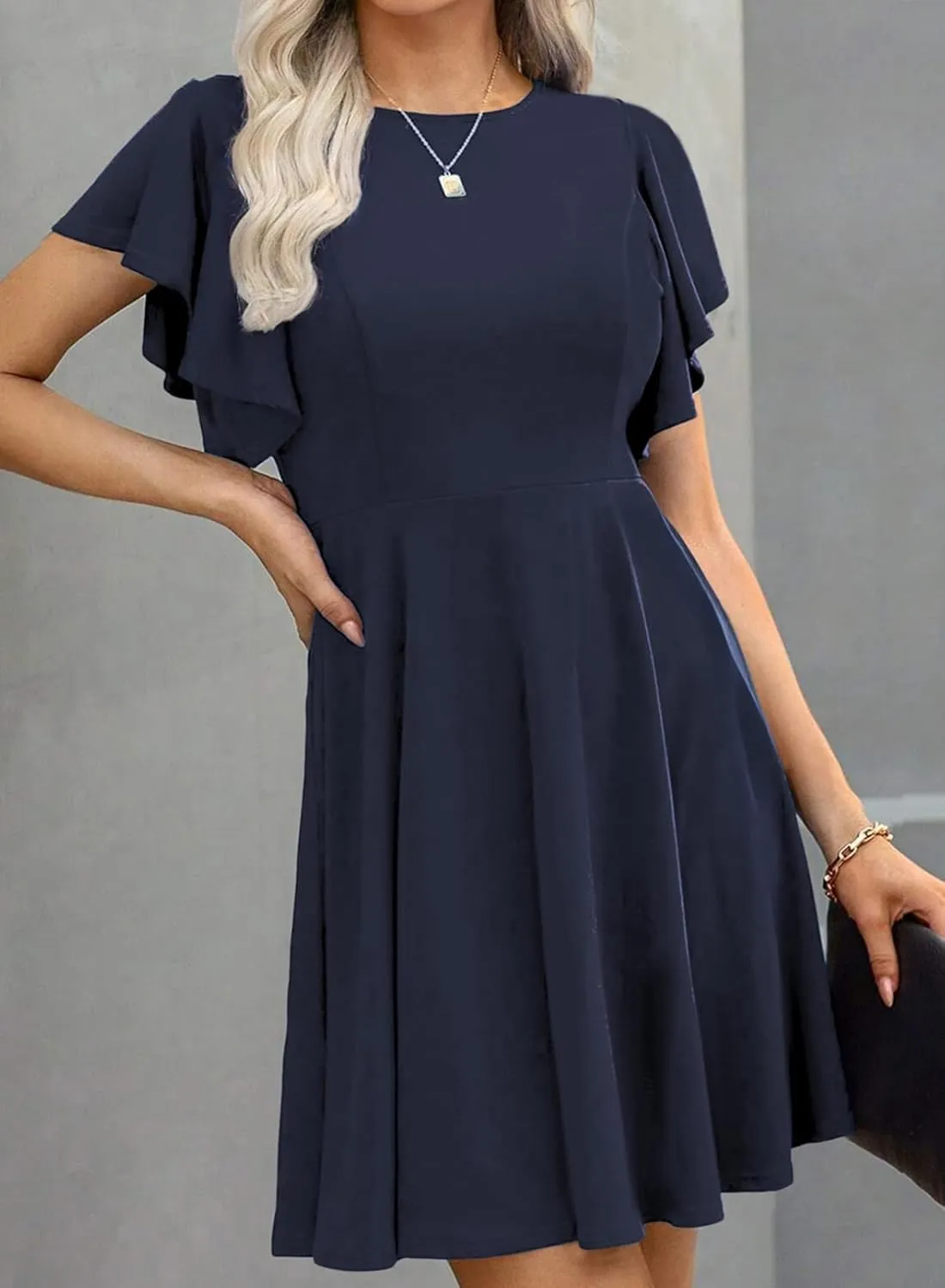 Happy Sailed Cocktail Dresses for Women Spring Summer Ruffle Sleeve Crewneck High Waist Flowy A Line Mini Dress