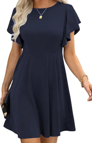 Happy Sailed Cocktail Dresses for Women Spring Summer Ruffle Sleeve Crewneck High Waist Flowy A Line Mini Dress