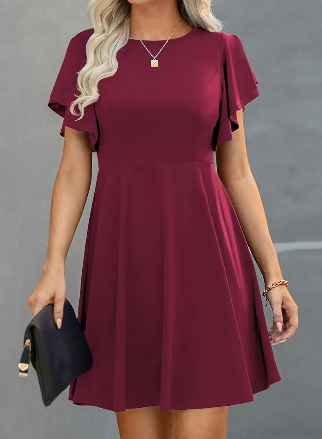 Happy Sailed Cocktail Dresses for Women Spring Summer Ruffle Sleeve Crewneck High Waist Flowy A Line Mini Dress
