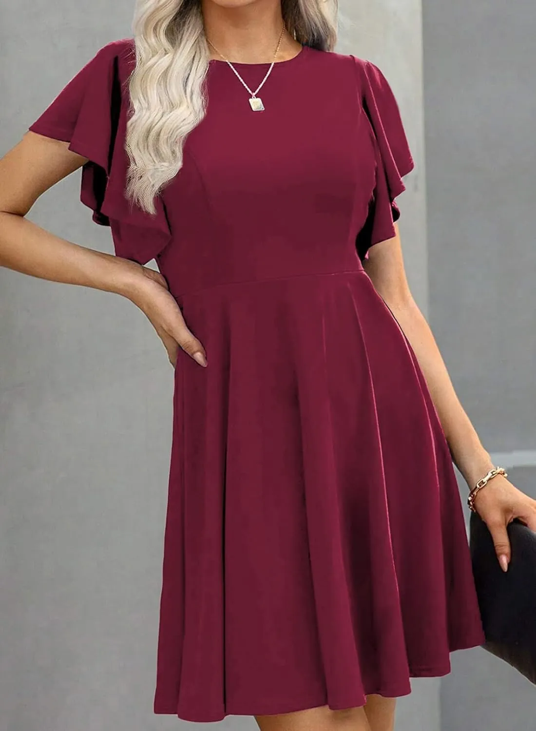 Happy Sailed Cocktail Dresses for Women Spring Summer Ruffle Sleeve Crewneck High Waist Flowy A Line Mini Dress