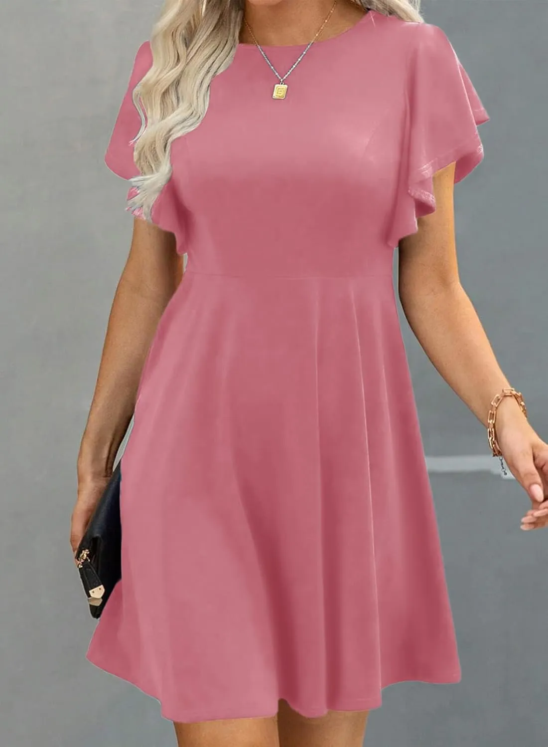 Happy Sailed Cocktail Dresses for Women Spring Summer Ruffle Sleeve Crewneck High Waist Flowy A Line Mini Dress