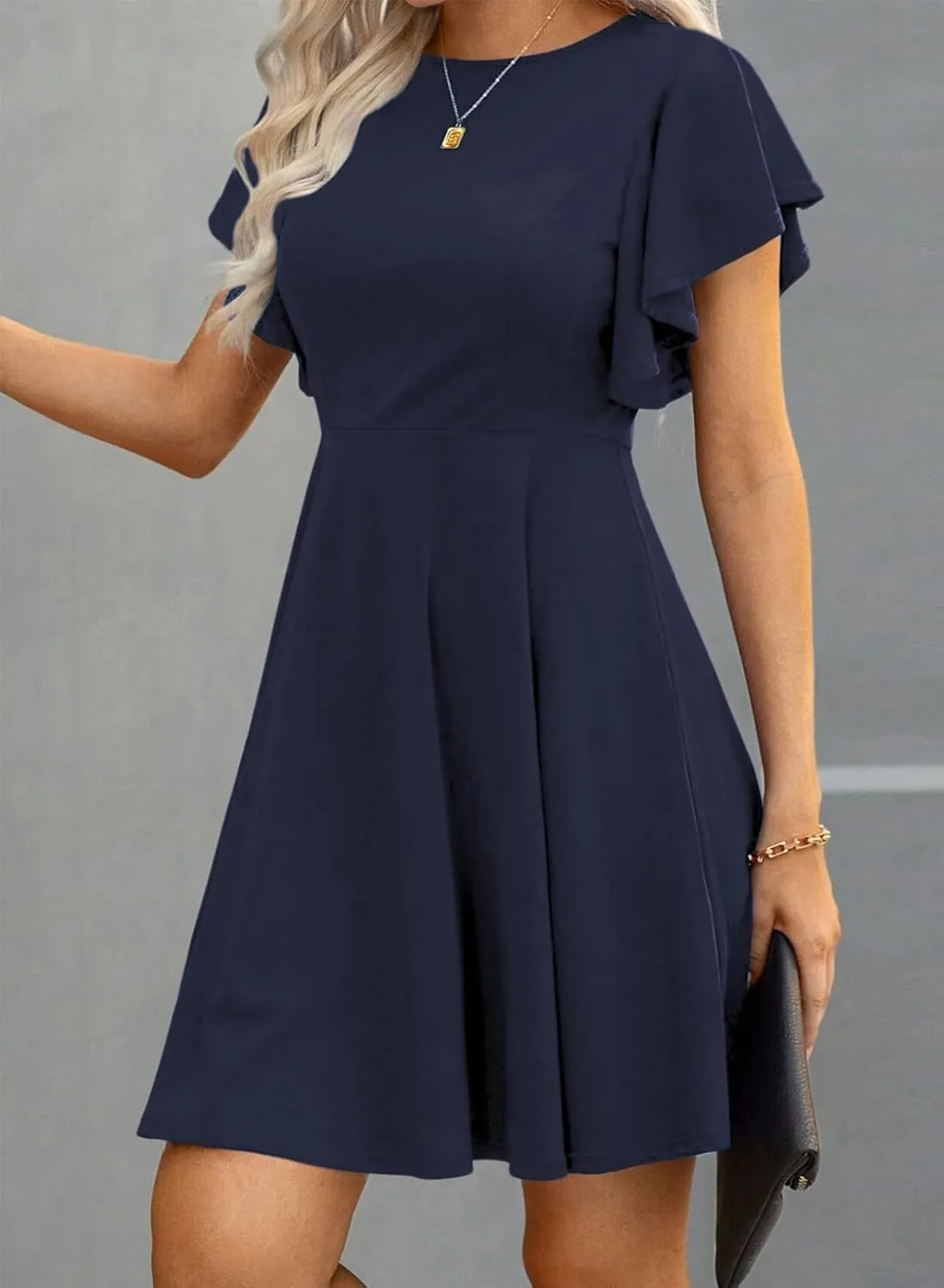 Happy Sailed Cocktail Dresses for Women Spring Summer Ruffle Sleeve Crewneck High Waist Flowy A Line Mini Dress