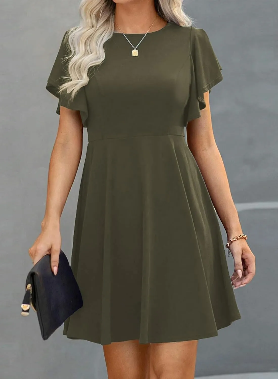 Happy Sailed Cocktail Dresses for Women Spring Summer Ruffle Sleeve Crewneck High Waist Flowy A Line Mini Dress