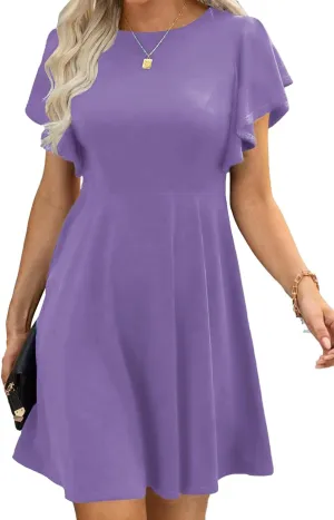 Happy Sailed Cocktail Dresses for Women Spring Summer Ruffle Sleeve Crewneck High Waist Flowy A Line Mini Dress