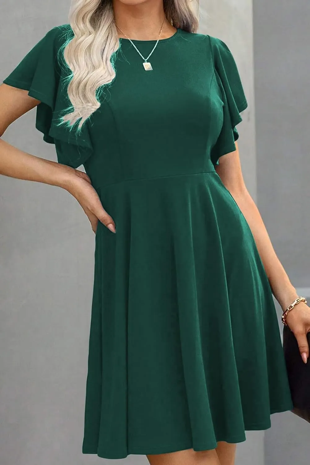 Happy Sailed Cocktail Dresses for Women Spring Summer Ruffle Sleeve Crewneck High Waist Flowy A Line Mini Dress