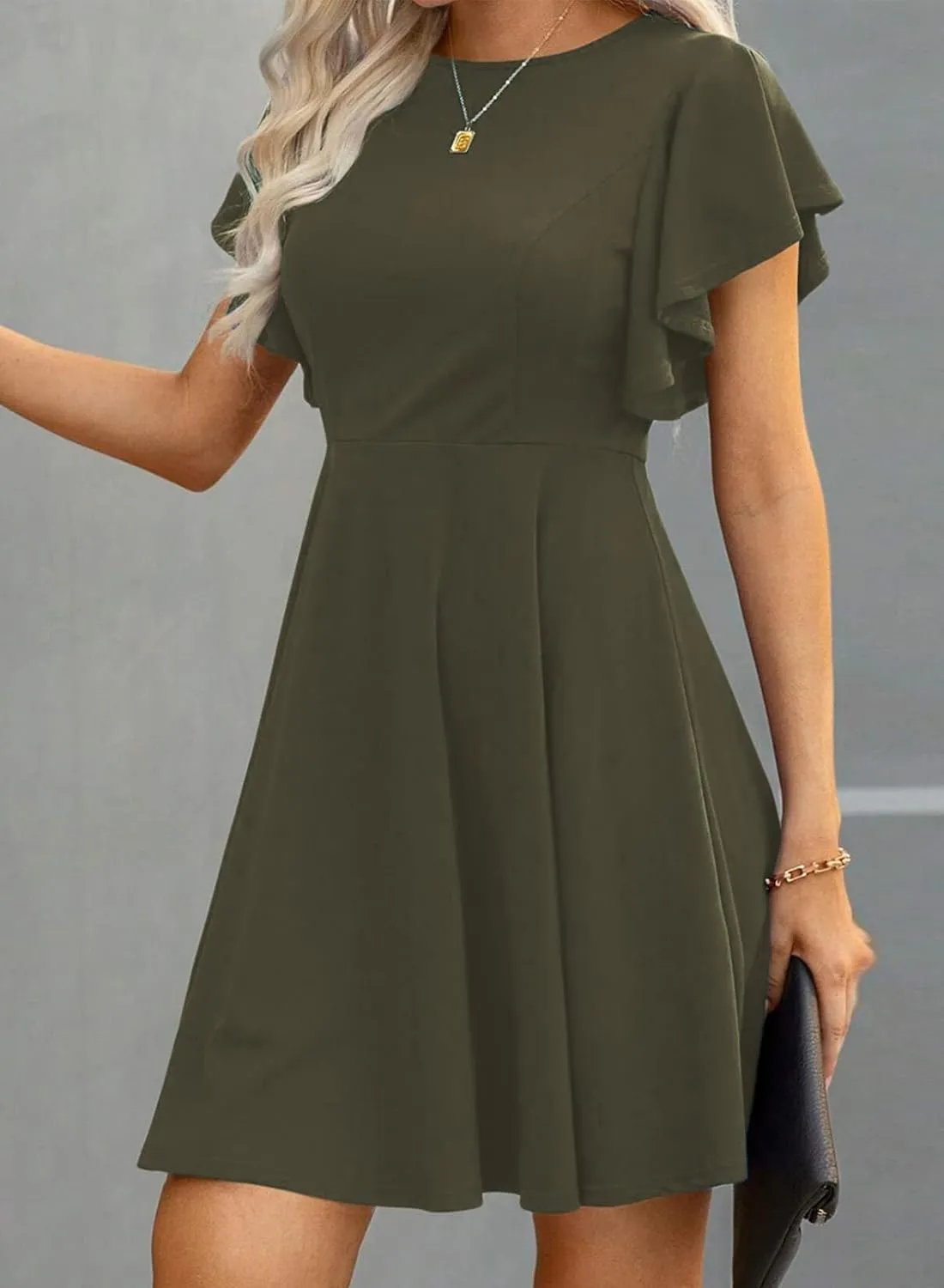 Happy Sailed Cocktail Dresses for Women Spring Summer Ruffle Sleeve Crewneck High Waist Flowy A Line Mini Dress