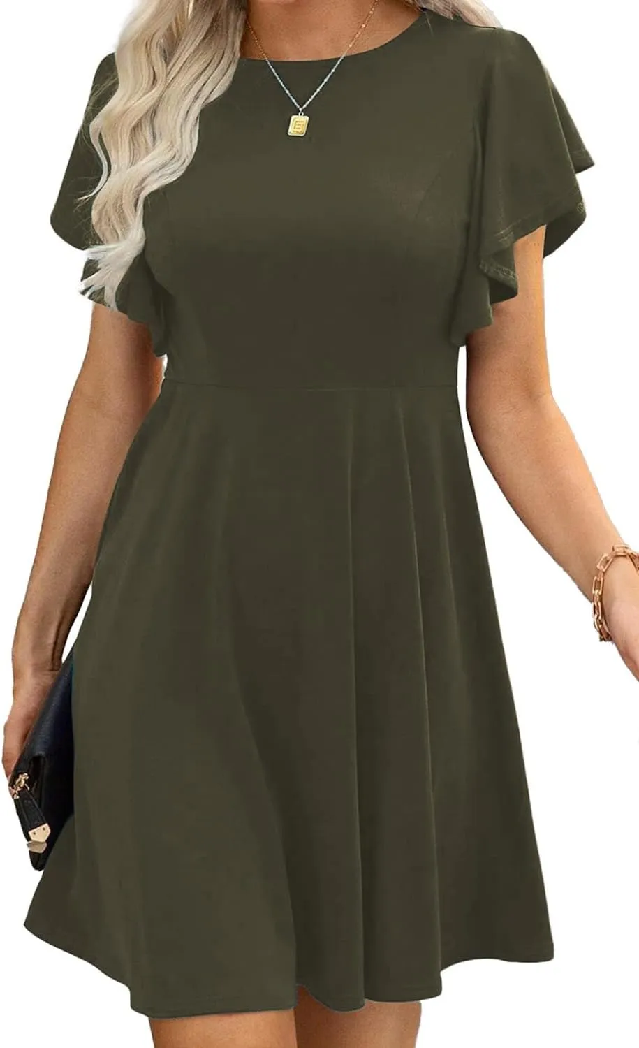 Happy Sailed Cocktail Dresses for Women Spring Summer Ruffle Sleeve Crewneck High Waist Flowy A Line Mini Dress