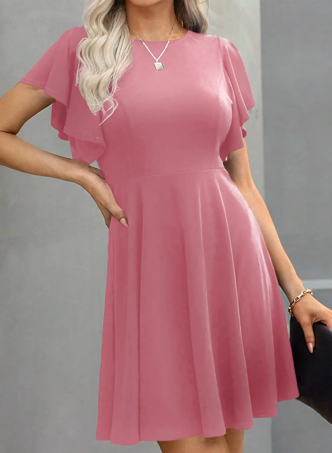 Happy Sailed Cocktail Dresses for Women Spring Summer Ruffle Sleeve Crewneck High Waist Flowy A Line Mini Dress