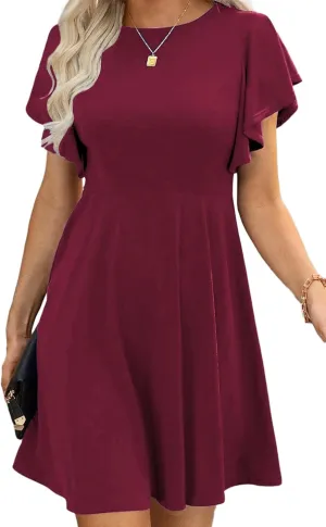 Happy Sailed Cocktail Dresses for Women Spring Summer Ruffle Sleeve Crewneck High Waist Flowy A Line Mini Dress