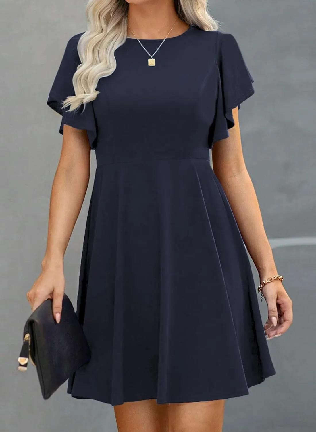 Happy Sailed Cocktail Dresses for Women Spring Summer Ruffle Sleeve Crewneck High Waist Flowy A Line Mini Dress