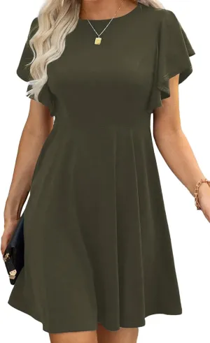 Happy Sailed Cocktail Dresses for Women Spring Summer Ruffle Sleeve Crewneck High Waist Flowy A Line Mini Dress