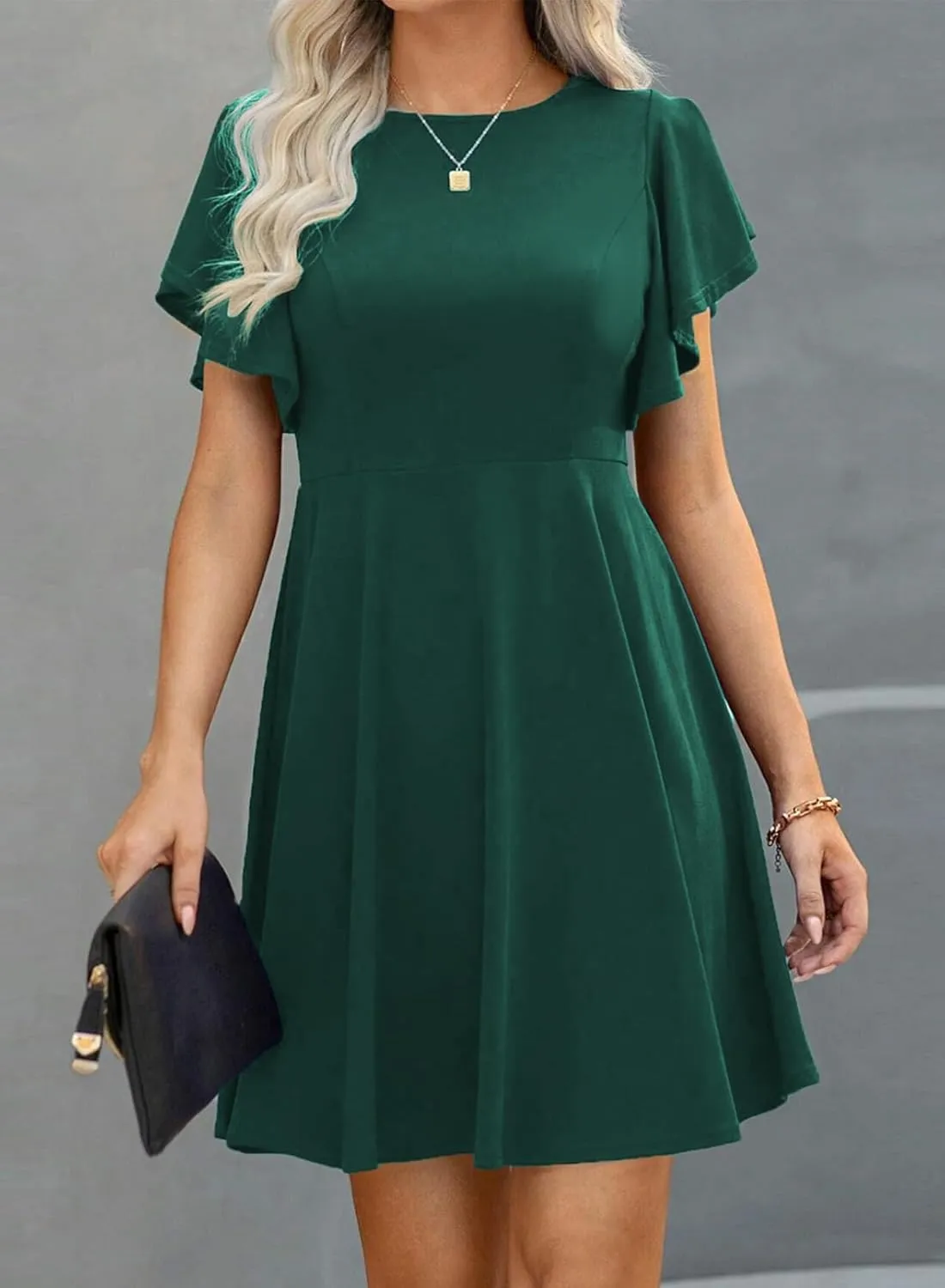 Happy Sailed Cocktail Dresses for Women Spring Summer Ruffle Sleeve Crewneck High Waist Flowy A Line Mini Dress