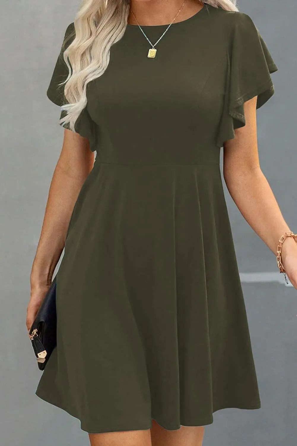 Happy Sailed Cocktail Dresses for Women Spring Summer Ruffle Sleeve Crewneck High Waist Flowy A Line Mini Dress