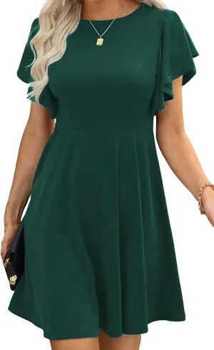 Happy Sailed Cocktail Dresses for Women Spring Summer Ruffle Sleeve Crewneck High Waist Flowy A Line Mini Dress