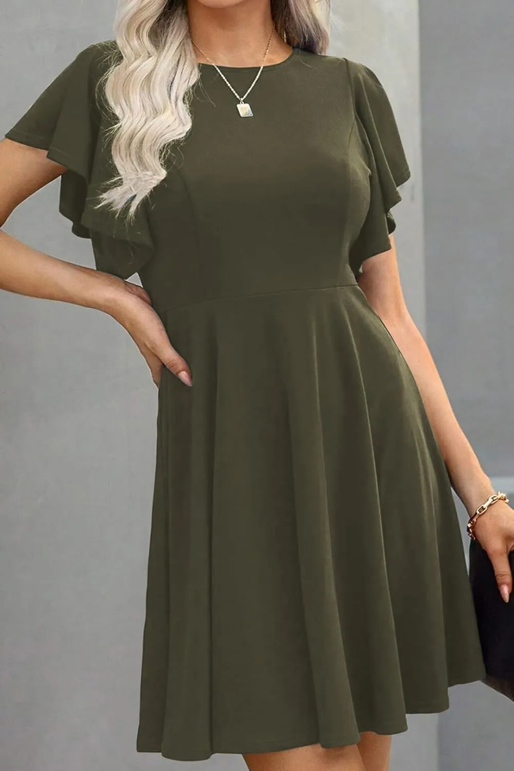 Happy Sailed Cocktail Dresses for Women Spring Summer Ruffle Sleeve Crewneck High Waist Flowy A Line Mini Dress