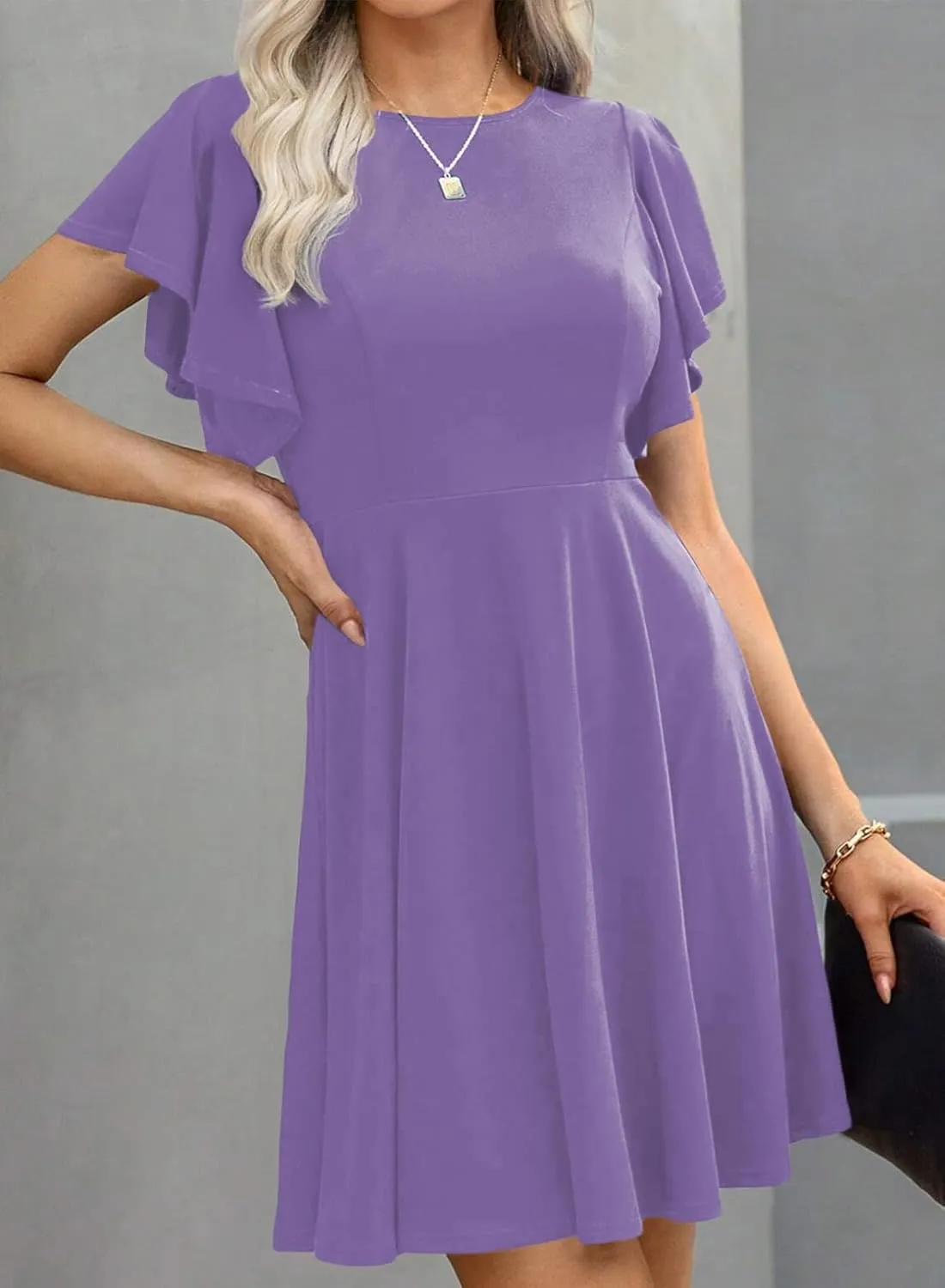 Happy Sailed Cocktail Dresses for Women Spring Summer Ruffle Sleeve Crewneck High Waist Flowy A Line Mini Dress
