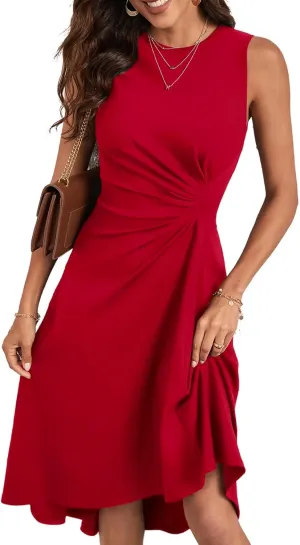 Happy Sailed Women's Summer Sleeveless Ruched Waist Flowy A Line High Low Midi Cocktail Party Dress