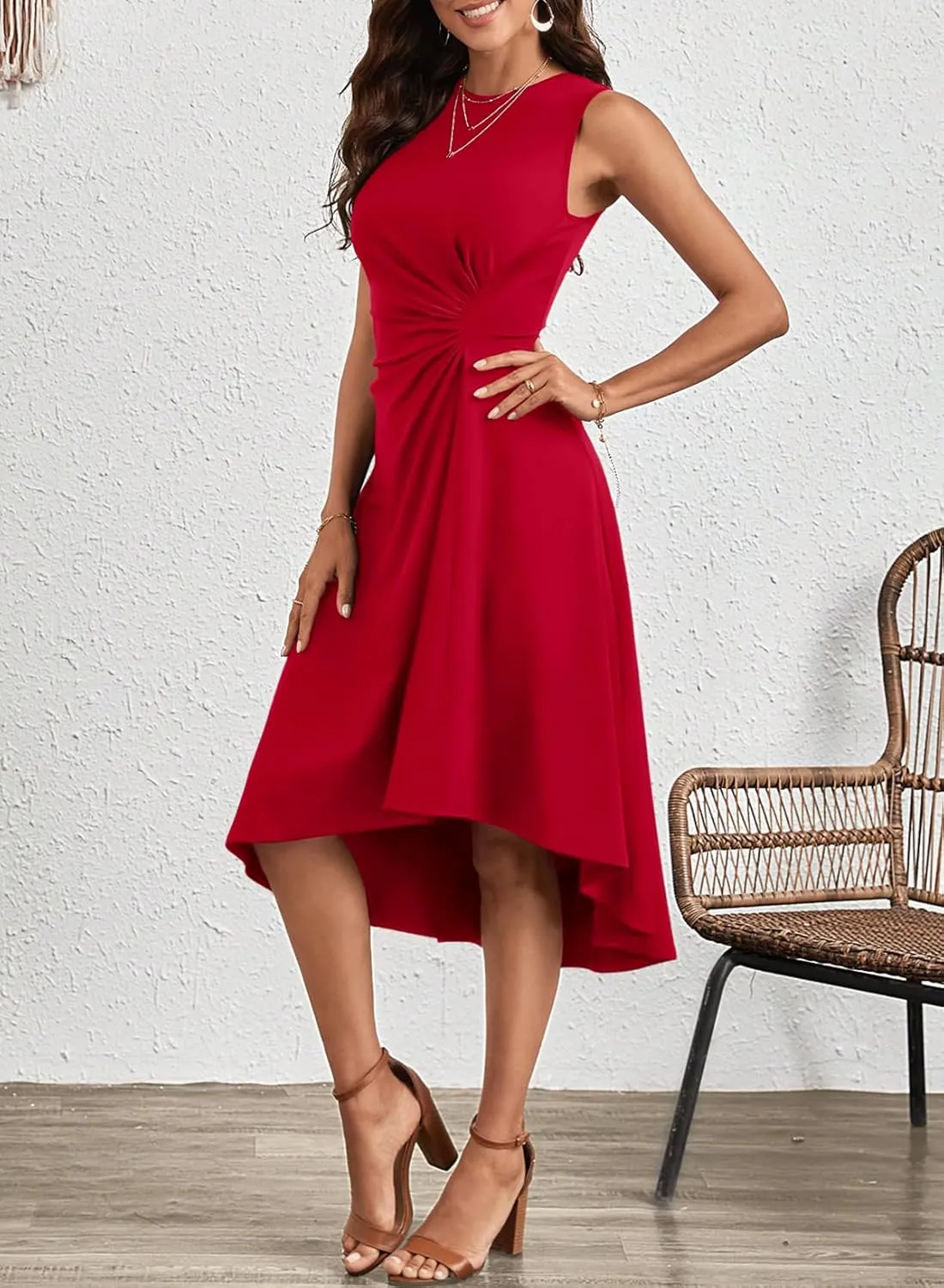 Happy Sailed Women's Summer Sleeveless Ruched Waist Flowy A Line High Low Midi Cocktail Party Dress