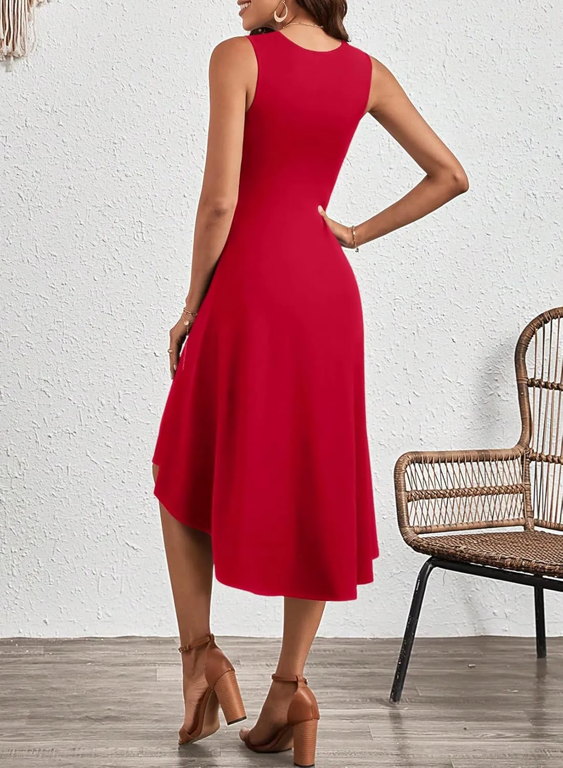 Happy Sailed Women's Summer Sleeveless Ruched Waist Flowy A Line High Low Midi Cocktail Party Dress