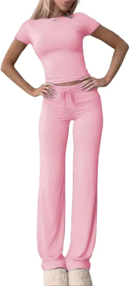 HBQ Women's 2 Piece Outfits Lounge Sets Slim Short Sleeve Crop Tops And High Waisted Wide Leg Pants Tracksuit Sets