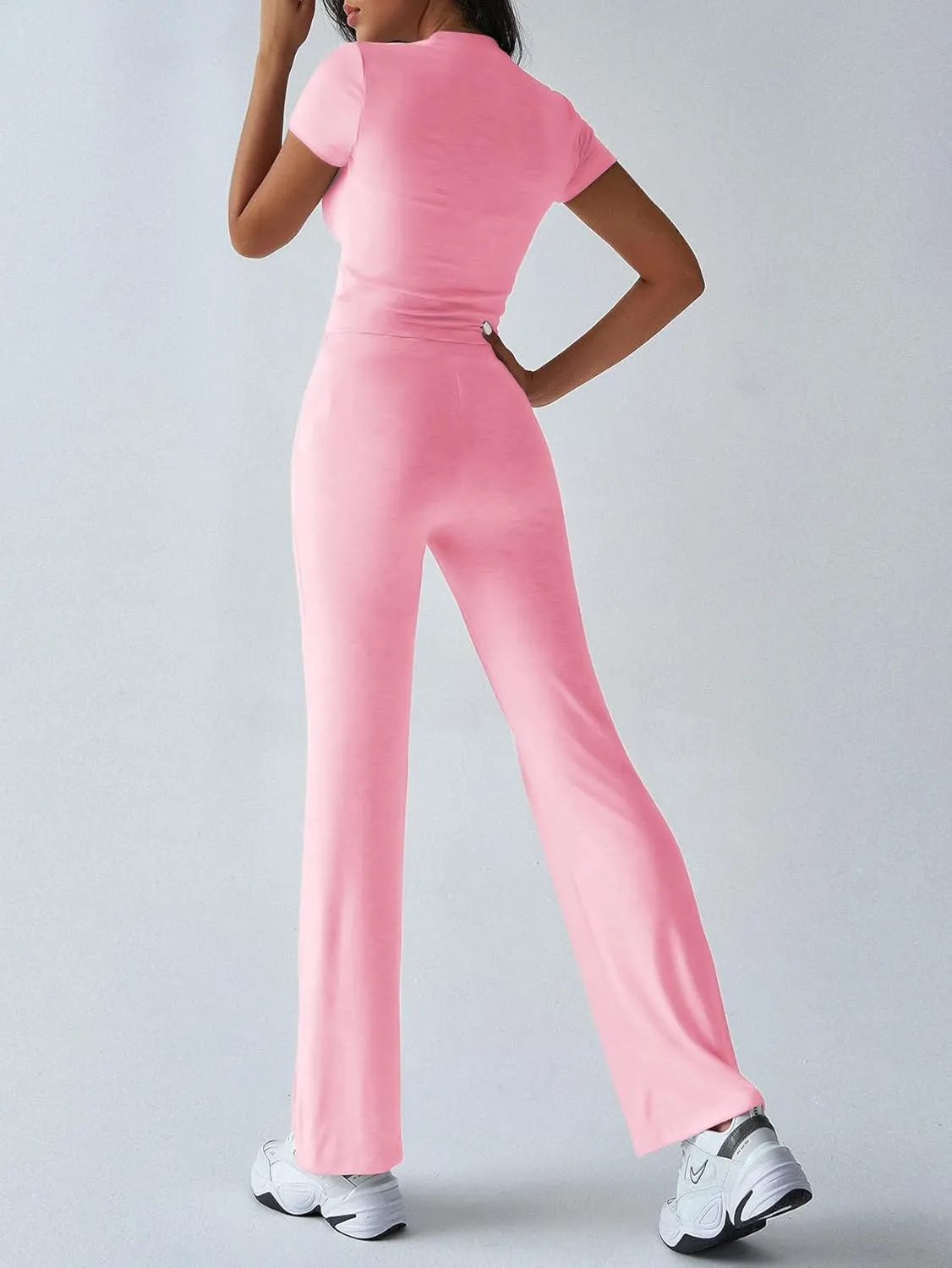 HBQ Women's 2 Piece Outfits Lounge Sets Slim Short Sleeve Crop Tops And High Waisted Wide Leg Pants Tracksuit Sets