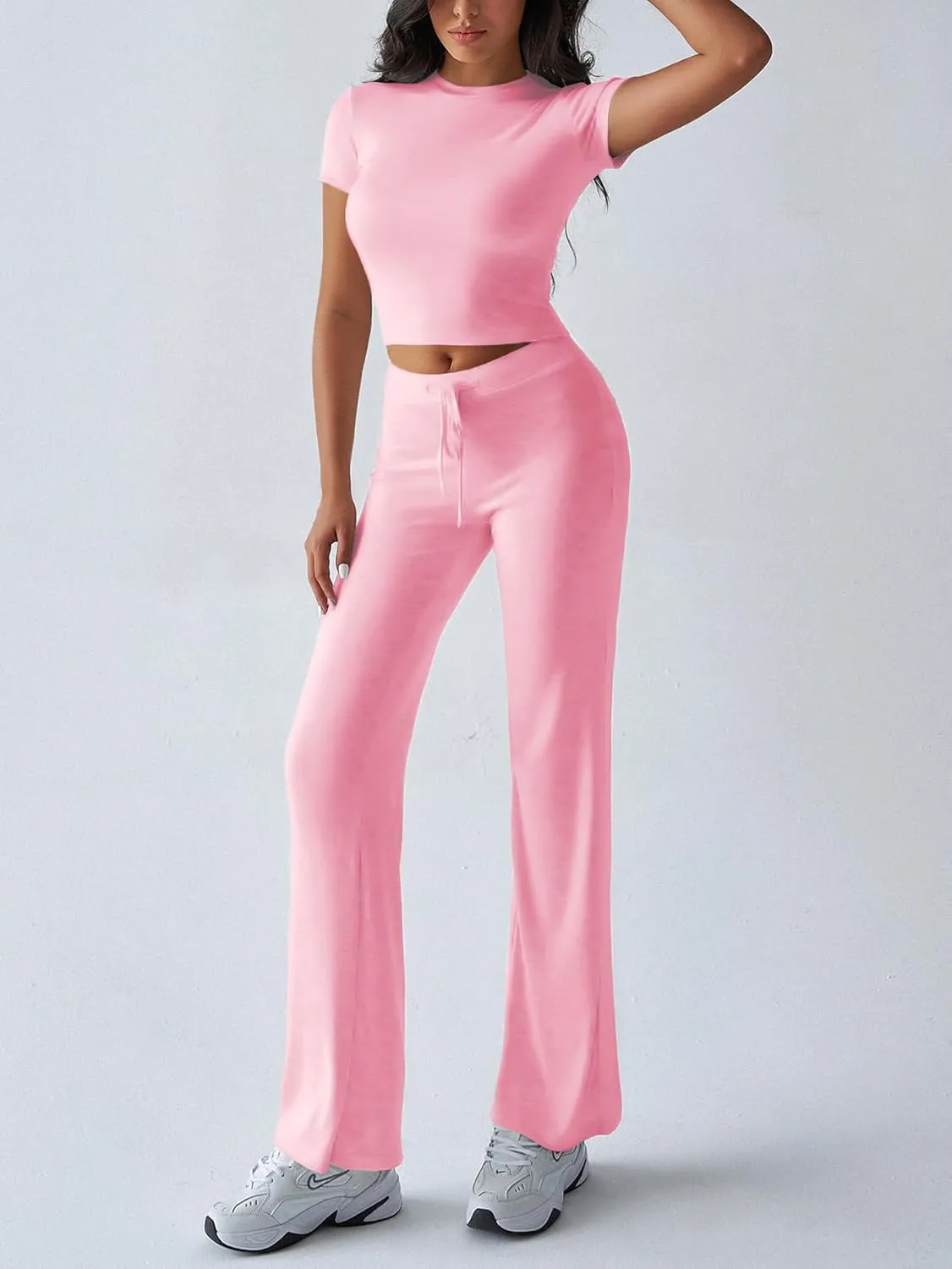 HBQ Women's 2 Piece Outfits Lounge Sets Slim Short Sleeve Crop Tops And High Waisted Wide Leg Pants Tracksuit Sets