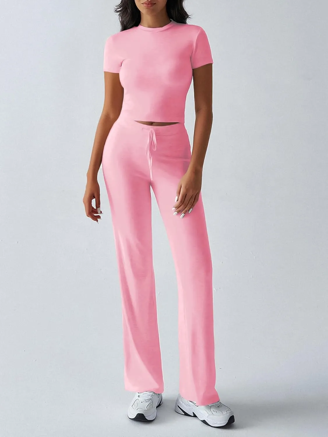 HBQ Women's 2 Piece Outfits Lounge Sets Slim Short Sleeve Crop Tops And High Waisted Wide Leg Pants Tracksuit Sets