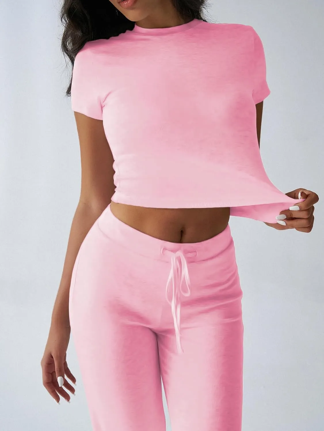 HBQ Women's 2 Piece Outfits Lounge Sets Slim Short Sleeve Crop Tops And High Waisted Wide Leg Pants Tracksuit Sets