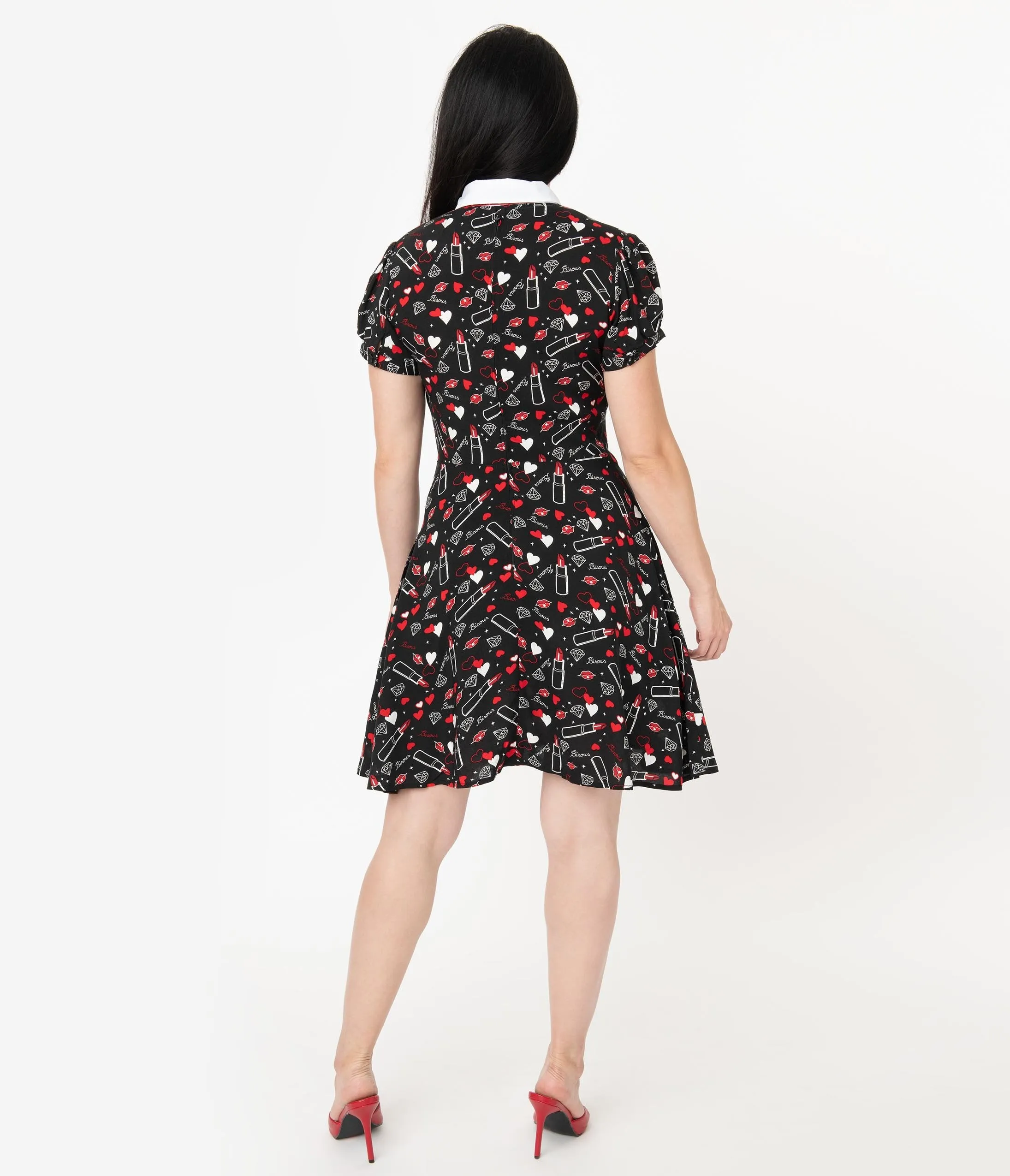Hell Bunny Black Bisous Print Fit & Flare Dress