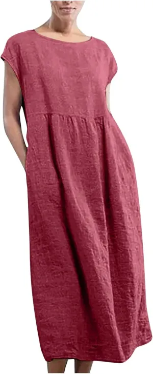 HGps8w Minimalist Cotton Linen Dresses for Women 2025 Summer Plus Size Cap Sleeve Casual Solid Swing Midi Dress with Pockets