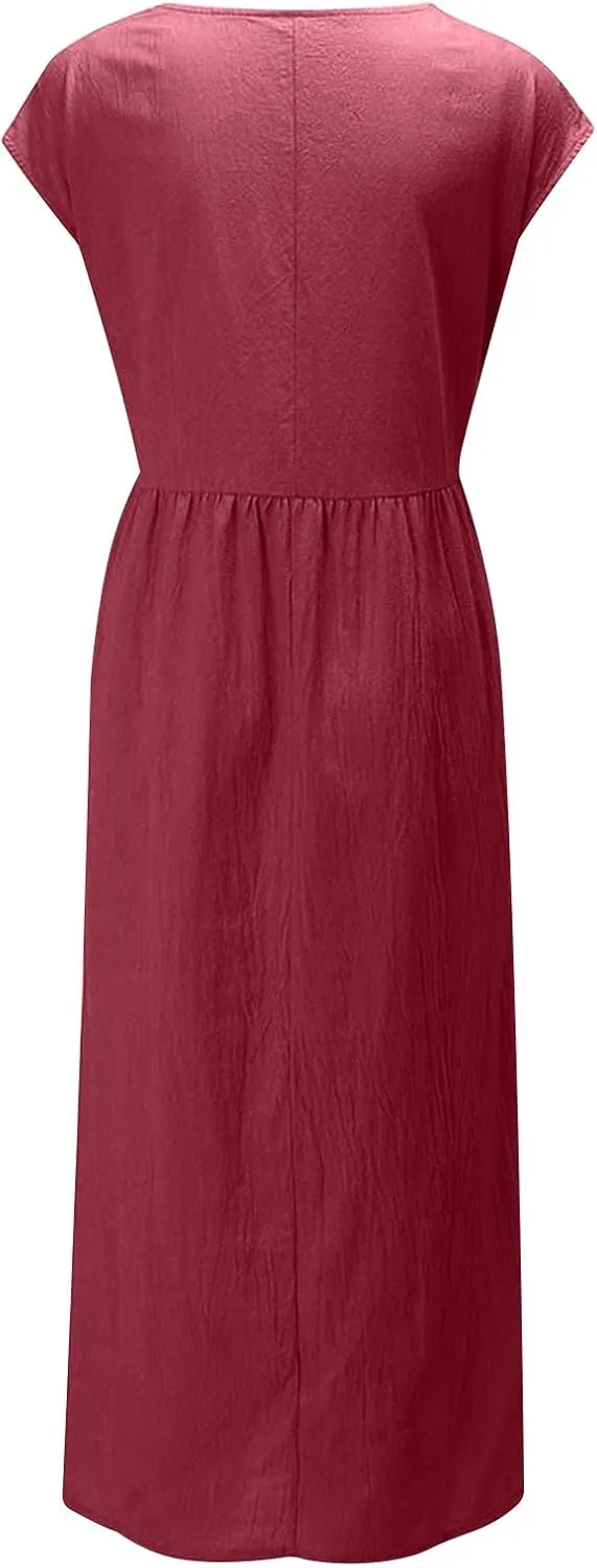 HGps8w Minimalist Cotton Linen Dresses for Women 2025 Summer Plus Size Cap Sleeve Casual Solid Swing Midi Dress with Pockets