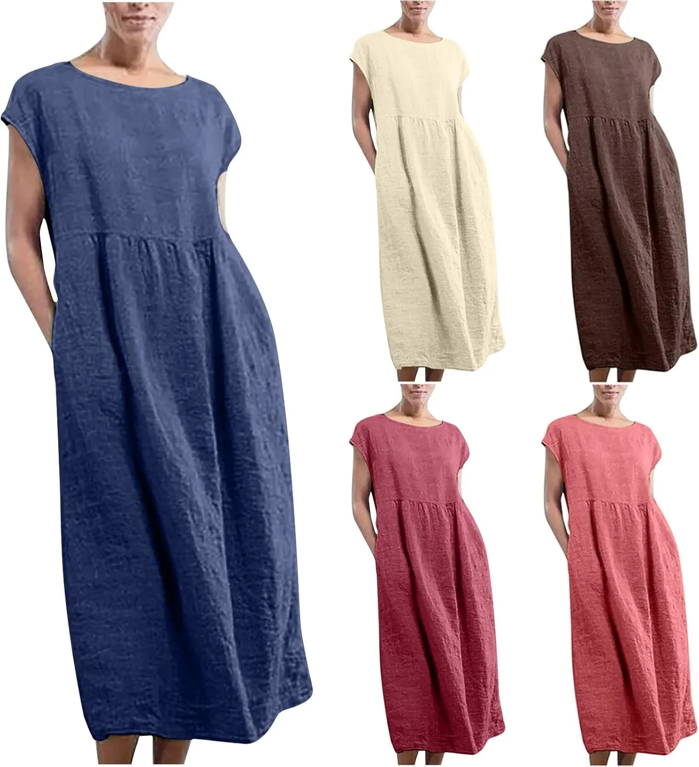 HGps8w Minimalist Cotton Linen Dresses for Women 2025 Summer Plus Size Cap Sleeve Casual Solid Swing Midi Dress with Pockets