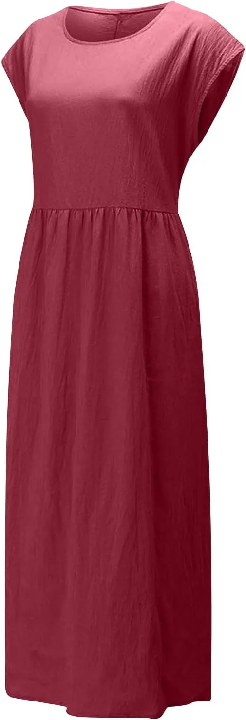 HGps8w Minimalist Cotton Linen Dresses for Women 2025 Summer Plus Size Cap Sleeve Casual Solid Swing Midi Dress with Pockets