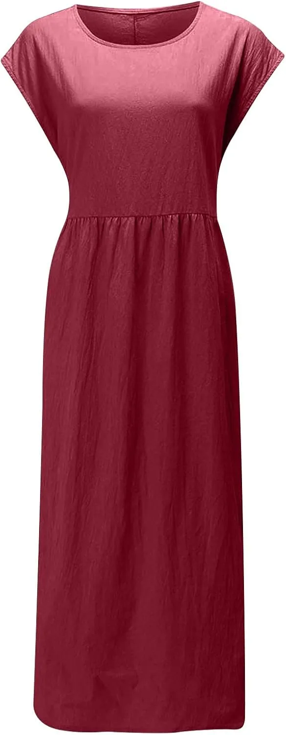 HGps8w Minimalist Cotton Linen Dresses for Women 2025 Summer Plus Size Cap Sleeve Casual Solid Swing Midi Dress with Pockets