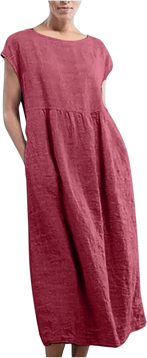 HGps8w Minimalist Cotton Linen Dresses for Women 2025 Summer Plus Size Cap Sleeve Casual Solid Swing Midi Dress with Pockets