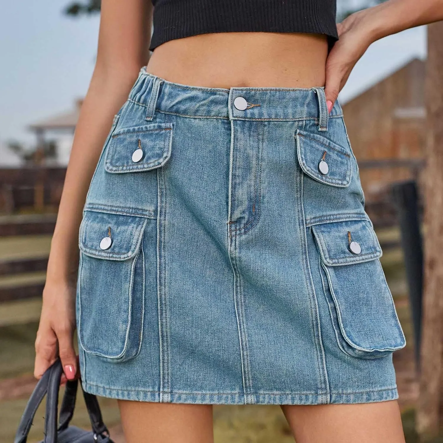 HGps8w Women's Summer Mini Denim Skirt Elastic High Waisted Short Cargo Skirts Teen Girls Y2K Jean Skirt with Pockets