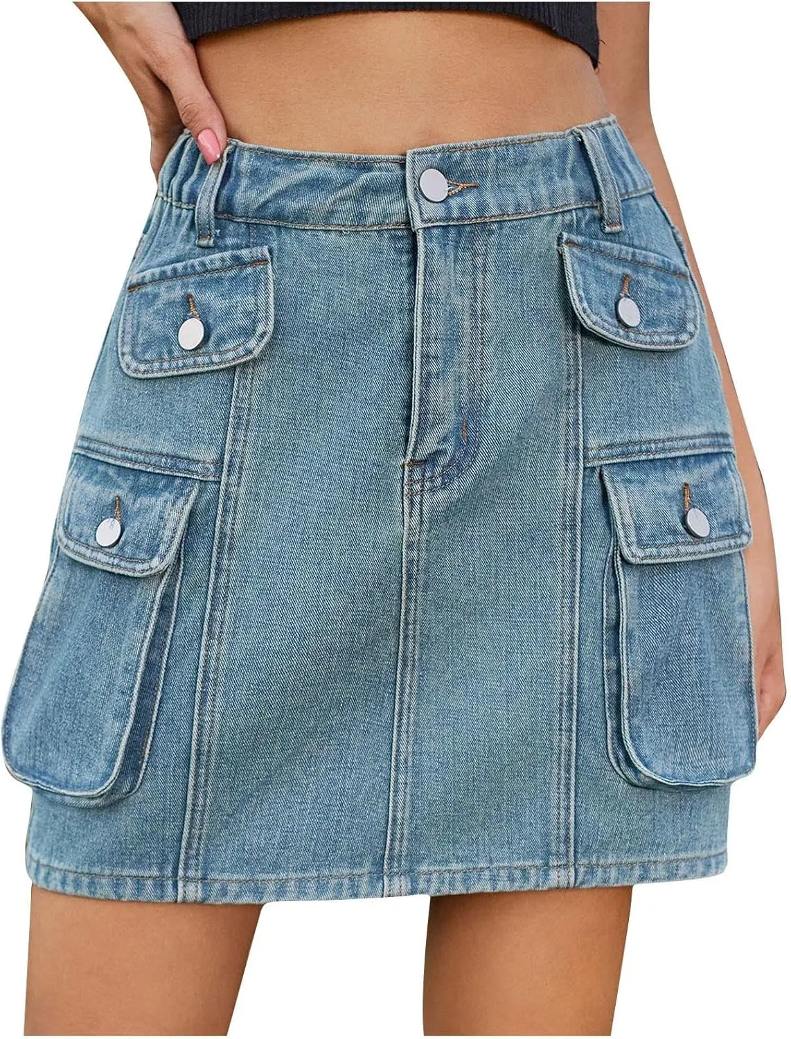 HGps8w Women's Summer Mini Denim Skirt Elastic High Waisted Short Cargo Skirts Teen Girls Y2K Jean Skirt with Pockets