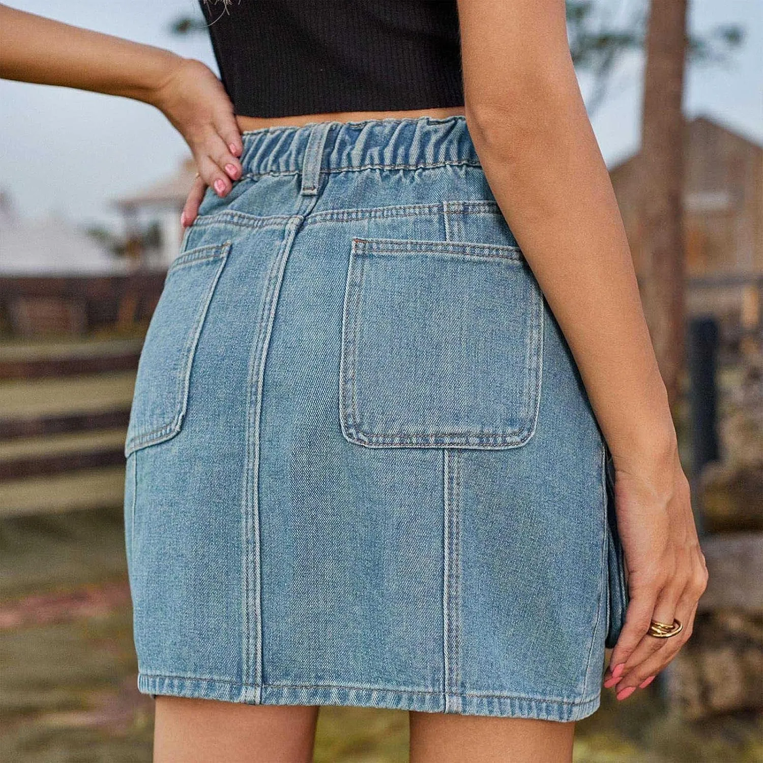 HGps8w Women's Summer Mini Denim Skirt Elastic High Waisted Short Cargo Skirts Teen Girls Y2K Jean Skirt with Pockets