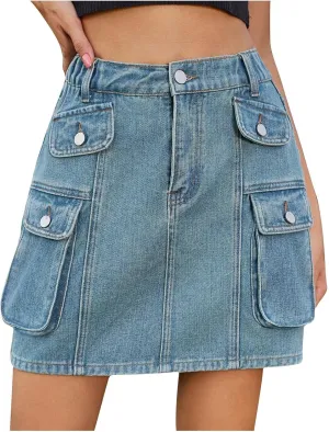 HGps8w Women's Summer Mini Denim Skirt Elastic High Waisted Short Cargo Skirts Teen Girls Y2K Jean Skirt with Pockets