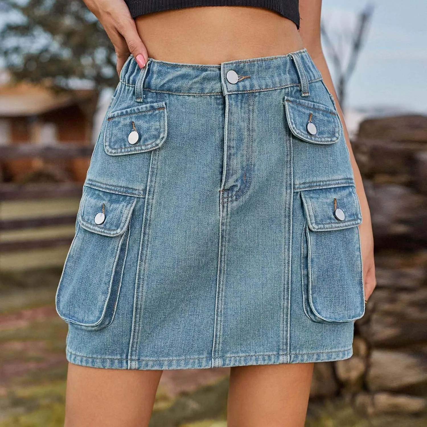 HGps8w Women's Summer Mini Denim Skirt Elastic High Waisted Short Cargo Skirts Teen Girls Y2K Jean Skirt with Pockets
